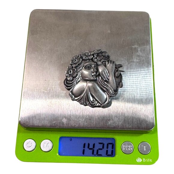 Elios 1990 Sterling over Pewter Art Deco Floral Woman Brooch Pin 2" Vtg Nouveau - Picture 6 of 6